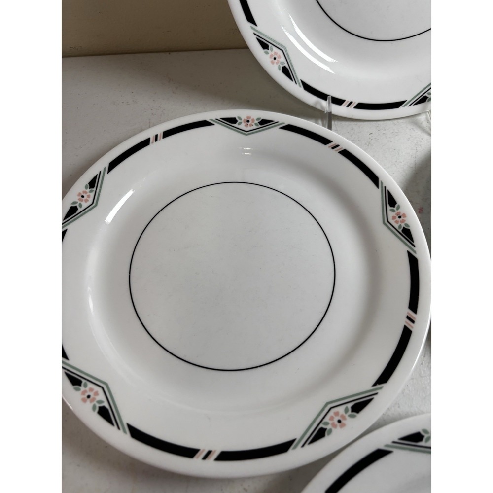 Corelle ZENITH Dinner Plates 10 1/4" White Black Trim Pink Flower Set of 4 - Picture 4 of 8